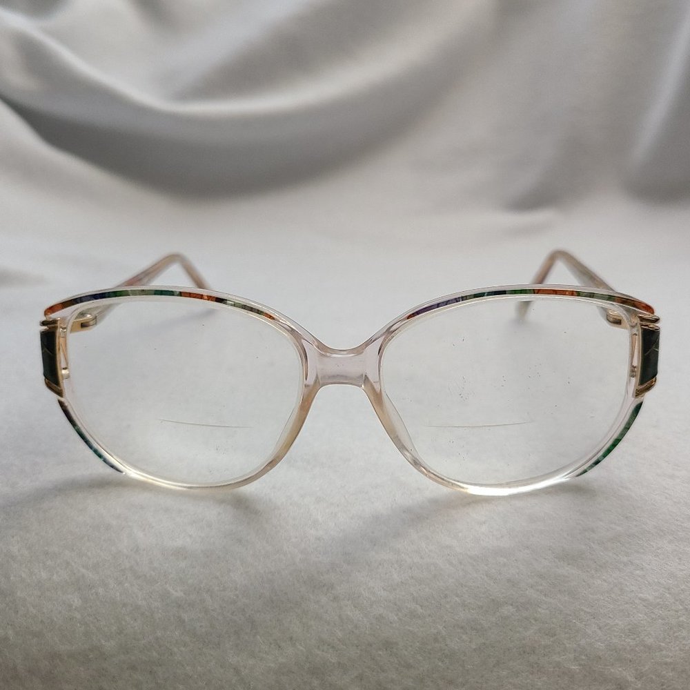 Vintage 80s Givenchy Eyeglasses Frames Clear Plastic Multi Colored Gold Accents - Picture 3 of 8